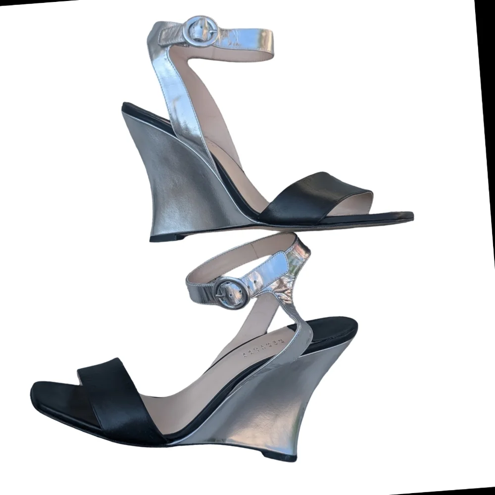 Barneys New York Silver Wedge Sandals Size 9 Ankle Strap Heels Designer Formal